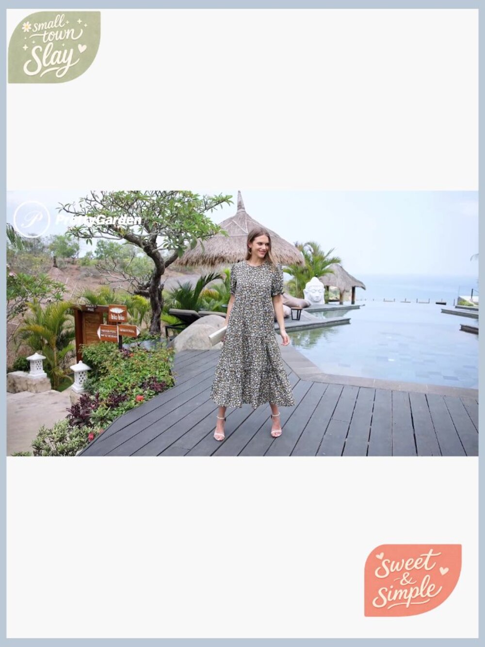 Summer Floral Midi Sun Dress Puff Short Sleeve Flowy Beach Vacation - Picture 7 of 7